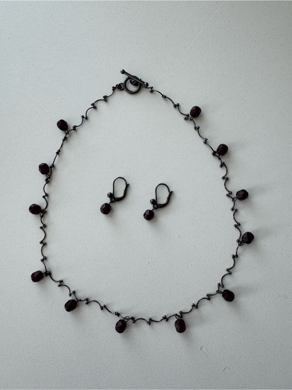 Delicate Dark Red Bead Necklace and Earring Set